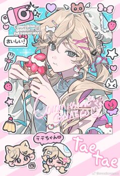 1boy 1girl blush candy commentary_request evodtonaeco food green_eyes highres jacket jewelry looking_at_viewer nail_polish original smile upper_body