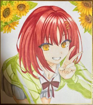 1girl :d bent_over bow bowtie breasts cleavage collarbone collared_shirt comiket_107 commentary_request cowboy_shot eyelashes eyes_visible_through_hair fingernails flower futamihara_ririko green_jacket grey_skirt grin hair_between_eyes hand_up happy highres hirocchi jacket large_breasts light_blush limelight_lemonade_jam looking_at_viewer medium_breasts medium_hair miniskirt open_clothes open_jacket open_mouth photo_(medium) pleated_skirt red_bow red_bowtie red_hair school_uniform shikishi shirt simple_background skirt sleeves_past_wrists smile solo straight_hair sunflower track_jacket traditional_media v white_background white_shirt yellow_eyes