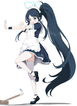 1girl apron aris_(blue_archive) aris_(maid)_(blue_archive) black_dress black_hair black_shoes blue_archive blue_eyes blue_halo dress full_body garter_straps halo highres long_hair looking_at_viewer maid maid_headdress open_mouth rectangular_halo shoes short_sleeves side_ponytail simple_background solo standing standing_on_one_leg thighhighs unamaso very_long_hair white_apron white_background white_garter_straps white_thighhighs