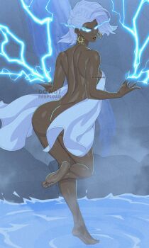 1girl artist_name ass barefoot dark-skinned_female dark_skin earrings electricity feet glowing highres huge_ass jewelry kevin_raganit lightning marvel marvel_rivals signature soles solo storm_(x-men) toes water x-men