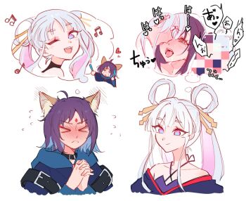 >_< 2girls animal_ears black_choker blue_eyes blue_hoodie censored cho_kaguya-hime! choker closed_mouth commentary eighth_note fang flying_sweatdrops fox_ears green_eyes hair_rings hashtag-only_commentary highres holding_lightstick hood hoodie imagining japanese_clothes kimono kiyomai looking_at_another mole mole_under_eye mosaic_censoring multicolored_eyes multiple_girls musical_note off_shoulder one_eye_closed own_hands_together purple_eyes purple_hair purple_kimono runami_yachiyo sakayori_iroha saliva short_hair simple_background speech_bubble thought_bubble tongue tongue_out translation_request twintails two-tone_eyes white_background white_hair yuri