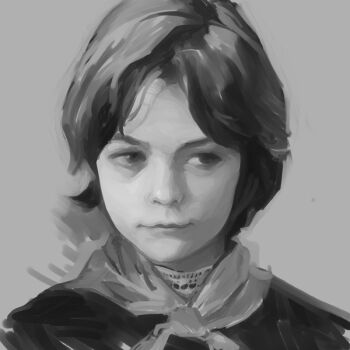 1girl alisa_seleznyova black_hair commentary english_commentary feason guest_from_the_future monochrome oil_painting_(medium) painting_(medium) parted_bangs portrait short_hair simple_background traditional_media v-shaped_eyebrows