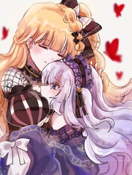 black_bow black_choker black_ribbon blonde_hair blue_hairband blurry blurry_background bow bug butterfly choker closed_eyes closed_mouth commentary_request frilled_choker frills hair_bow hair_ribbon hairband highres hug insect long_hair long_sleeves mahou_shoujo_no_majo_saiban natsume_an-an one_side_up puffy_sleeves red_butterfly ribbon saeki_miria smile tears tosiosito white_background yuri