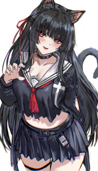 Rule 34 | 1girl, animal ears, arm cutout, atiarta7, back hair, black choker, black jacket, black shirt, black skirt, blush, breasts, bright pupils, cat ears, cat girl, cat tail, chisa (wuthering waves), choker, clothing cutout, collarbone, commentary, crop top, fingernails, hair ribbon, hand up, hashtag-only commentary, highres, jacket, kemonomimi mode, large breasts, long hair, long sleeves, looking at viewer, midriff, navel, neckerchief, open cleavage, open mouth, red eyes, red neckerchief, red ribbon, ribbon, sailor collar, shirt, simple background, skirt, smile, solo, tail, thigh strap, thighs, very long hair, white background, white pupils, white sailor collar, wuthering waves