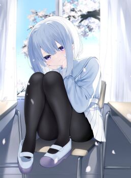 1girl absurdres bandaid bandaid_on_cheek bandaid_on_face black_pantyhose blue_sky blush branch chair closed_mouth convenient_leg curtains day desk flower grey_hair hair_between_eyes hands_on_own_face hands_up highres indoors knees_up neku_(neku_draw) on_chair original pantyhose pleated_skirt purple_eyes sailor_collar school_chair school_desk school_uniform serafuku shirt shoes sitting skirt sky smile solo white_flower white_sailor_collar white_serafuku white_shirt white_shoes white_skirt window