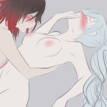 2girls black_hair blush breasts closed_eyes licking long_hair lowres multiple_girls nipples nude ruby_rose rwby weiss_schnee white_hair yuri