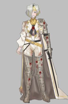 1girl armor armored_boots ascot belt boots breasts cape crazy_eyes crazy_smile grey_eyes hair_over_one_eye highres kromer_(project_moon) large_breasts limbus_company looking_at_viewer multicolored_hair multiple_belts necktie one_eye_covered project_moon puffy_sleeves purity_seal shoulder_armor smile solo suifengflyfff thigh_armor