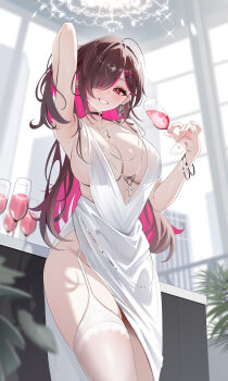 1girl absurdres ahoge alcohol arm_behind_head arm_up bare_shoulders black_choker blush bracelet breasts brown_hair building ceiling ceiling_light center_opening chandelier choker cleavage collarbone colored_inner_hair commentary_request commission cross cross_necklace cup dress drinking_glass earrings evening_gown garter_belt glint groin hair_between_eyes hair_intakes hair_ornament hair_over_one_eye hand_up highres hoiting_(vtuber) holding holding_cup indie_virtual_youtuber indoors jewelry large_breasts long_hair looking_at_viewer metal_bracelet multicolored_hair necklace parted_lips pink_eyes pink_hair pink_streaks plant red_wine side_slit sideboob sideless_dress sidelocks sikimosh skeb_commission smile solo sparkle standing streaked_hair table thighhighs thighs very_long_hair virtual_youtuber white_dress white_thighhighs window wine wine_glass x_hair_ornament