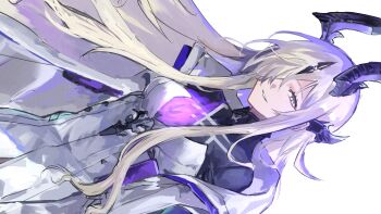 1girl absurdres adversarial_noise arknights black_horns black_shirt blonde_hair collared_shirt dress dutch_angle grey_eyes hair_over_one_eye highres horns long_hair looking_at_viewer necrass_(arknights) nun2o one_eye_covered purple_horns shirt simple_background smile solo white_background white_dress white_hair