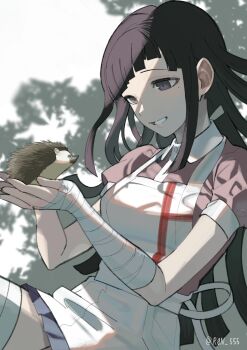 1girl absurdres animal apron bandages black_eyes black_hair blue_skirt commentary_request danganronpa_(series) danganronpa_2:_goodbye_despair grin hareruya_(smomo2227) hedgehog highres long_hair mole mole_under_eye pleated_skirt puffy_short_sleeves puffy_sleeves short_sleeves skirt smile tsumiki_mikan twitter_username white_apron
