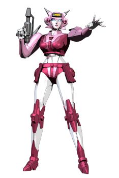 3d absurdres andypurro autobot blender_(medium) blue_eyes breasts elita_one gun handgun helmet highres humanoid_robot insignia medium_breasts narrow_waist panties pink_lips robot robot_girl transformers transformers:_generation_1 underwear weapon