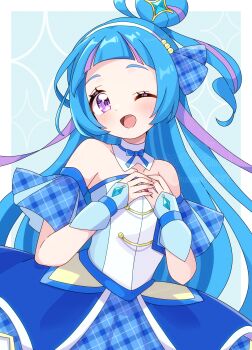 1girl absurdres aokaze_nana bare_shoulders blue_dress blue_hair blush collarbone cure_wink detached_sleeves dress flat_chest hairband hands_on_own_chest highres kimi_to_idol_precure long_hair looking_at_viewer mmmera827 multicolored_hair one_eye_closed open_mouth plaid_clothes plaid_hair_ornament plaid_sleeves precure purple_eyes purple_hair short_sleeves smile solo strapless strapless_dress white_hairband