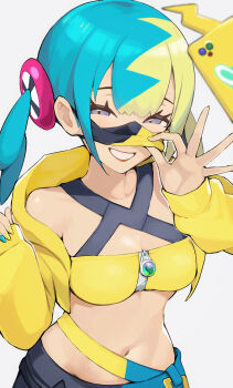1girl aqua_hair aqua_nails aqua_pants black_mask black_pants blonde_hair breasts canari_(pokemon) commentary_request criss-cross_straps cropped_jacket highres jacket looking_at_viewer mask_lift medium_breasts multicolored_hair multicolored_nails navel nintendo ok_sign pants pokemon pokemon_legends:_z-a purple_eyes simple_background smile solo split-color_hair sports_bra two-tone_mask two-tone_pants ura_(hamburg_oniku) white_background yellow_jacket yellow_mask yellow_nails yellow_sports_bra