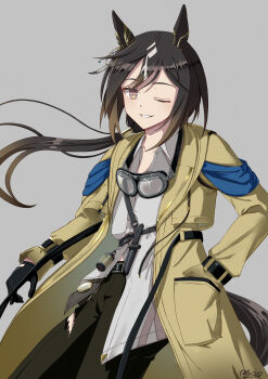 1girl absurdres animal_ears asymmetrical_shirt black_gloves black_hair black_pants blush brown_eyes brown_hair coat commentary_request compass ear_covers gloves goggles goggles_around_neck hair_between_eyes hand_in_pocket highres horse_ears horse_girl horse_tail knife_sheath long_hair multicolored_hair natumemadara1 one_eye_closed pants parted_lips sheath shirt simple_background smile solo stay_gold_(sunlit_outsider)_(umamusume) stay_gold_(umamusume) tail torn_clothes torn_coat umamusume white_hair white_shirt wrist_belt yellow_coat