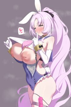 1girl animal_ears blush breasts broccoli_(broccoli2626) closed_mouth commentary_request condom condom_packet_strip condom_wrapper elbow_gloves finger_to_mouth gloves grey_background heart highres index_finger_raised inverted_nipples large_breasts lifting_own_clothes long_hair looking_at_viewer pink_hair pussy_juice rabbit_ears rabbit_girl rabbit_tail shia_(stella_sora) shushing smile solo spoken_heart stella_sora sweat tail thighs very_long_hair white_gloves