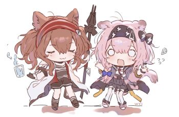 2girls :3 angelina_(arknights) animal_ear_fluff animal_ears arknights black_bow black_gloves black_hairband black_shirt black_shorts black_skirt black_socks bow braid brown_hair cat_ears cat_girl cat_tail chinese_commentary closed_eyes coat commentary_request deformed double-parted_bangs floppy_ears flying_sweatdrops fox_ears fox_girl glass gloves goldenglow_(arknights) hair_between_eyes hairband jacket lightning_bolt_print long_hair long_sleeves medium_hair multicolored_hairband multiple_girls mundane_utility open_clothes open_coat open_jacket open_mouth pink_hair pink_jacket print_hairband red_hairband red_jacket shirt short_shorts shorts side_braid simple_background single_braid skirt socks solid_circle_eyes striped_clothes striped_hairband surprised tail telekinesis thighhighs twintails two-tone_hairband water white_background white_bow white_coat white_shirt white_thighhighs zchuan992