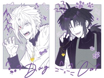 2boys :d ^_^ absurdres alternate_universe antenna_hair black_gloves black_hair black_hood black_sweater bone border chinese_commentary claw_pose closed_eyes colored_skin commentary_request crossed_bangs curtained_hair earrings elbow_gloves english_text facing_viewer fangs film_grain fingerless_gloves fingernails frisk_(undertale) fur-trimmed_jacket fur_trim gloves gold_necklace grey_background hair_between_eyes hair_tie hanbaobaobaozhu hand_up heart heart_necklace heterochromia highres holding holding_jewelry holding_necklace hood hood_down humanization jacket jewelry layered_sleeves long_hair long_sleeves looking_at_viewer low_ponytail male_focus multiple_boys necklace open_clothes open_jacket open_mouth outline polka_dot polka_dot_background ponytail purple_outline red_eyes sans_(undertale) short-sleeved_jacket short_hair short_over_long_sleeves short_sleeves sidelocks simple_background smile sparkle stud_earrings sweater teeth tongue turtleneck turtleneck_sweater undertale upper_body utdr_(toby_fox) v-shaped_eyebrows white_border white_eyes white_hair white_jacket white_skin xtale