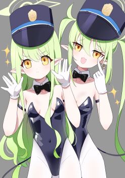 2girls :3 absurdres alternate_costume animal_ear_hairband animal_ears armband black_armlet black_bow black_bowtie black_hat black_leotard black_tail blue_archive blue_armband bow bowtie breasts closed_mouth collarbone covered_erect_nipples covered_navel demon_girl demon_tail detached_collar dot_nose earrings eyelid_pull fake_animal_ears fang furrowed_brow gloves green_hair green_halo grey_background hair_between_eyes hairband halo hands_up hat high-waist_pantyhose highleg highleg_leotard highres hikari_(blue_archive) index_finger_raised jewelry leotard loli long_hair long_sidelocks looking_at_viewer multiple_girls nozomi_(blue_archive) open_mouth orange_eyes pantyhose peaked_cap pointy_ears siblings simple_background sisters skin_fang small_breasts sparkle split_mouth standing straight_hair strapless strapless_leotard tail thighs twins twintails underwear very_long_hair very_long_sidelocks white_gloves white_pantyhose zhang_xiaozhai