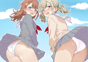 2girls ass ayafuya-p azusawa_kohane blonde_hair blue_sky blush brown_eyes brown_hair brown_sweater clothes_lift cloud commentary_request commission double-parted_bangs embarrassed flower from_behind from_below grey_serafuku grey_shirt grey_skirt hair_flower hair_ornament hanasato_minori highres long_hair long_sleeves looking_at_viewer looking_back multiple_girls neckerchief nose_blush ocean open_mouth outline panties pantyshot parted_bangs pixiv_commission pleated_skirt project_sekai red_neckerchief sailor_collar school_uniform serafuku shirt skirt skirt_lift sky sweat sweater trefoil twintails underwear white_outline white_panties white_sailor_collar wind wind_lift