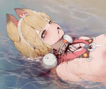 1girl absurdres alice_thymefield animal_ears blonde_hair blood blud_spine breasts commentary_request corpse cum cum_on_body cum_on_hair decapitation facial guro highres korean_commentary long_hair lying nipples on_back open_mouth orange_eyes rabbit_ears rabbit_girl revision solo upper_body water zenless_zone_zero