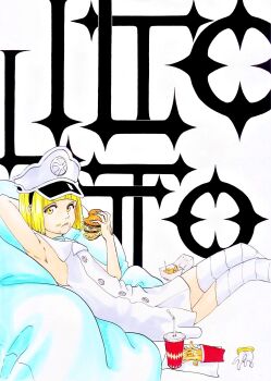 1girl alpen_no_koyari arm_behind_head armpits bare_shoulders black_thighhighs bleach bleach:_sennen_kessen-hen blonde_hair blunt_bangs blunt_ends bob_cut burger buttons character_name closed_mouth collared_dress commentary cup disposable_cup dress eating feet_out_of_frame food food_on_face french_fries from_side frown hand_up hat highres holding holding_burger holding_food kubo_tite_(style) liltotto_lamperd looking_at_viewer lying military_hat military_uniform official_style on_back relaxing short_dress short_hair simple_background sleeveless sleeveless_dress solo straight_hair tareme thighhighs white_background white_dress white_hat yellow_eyes zettai_ryouiki