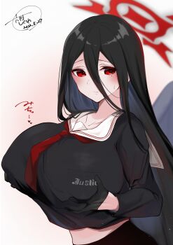 1girl absurdres black_gloves black_hair black_shirt blue_archive blush breasts breasts_squeezed_together closed_mouth collarbone commentary_request dated gloves hair_between_eyes half_gloves halo hasumi_(blue_archive) heart highres huge_breasts long_hair_between_eyes looking_at_viewer mole mole_under_eye necktie red_eyes red_halo red_necktie rokugatsu_shigure sailor_collar shirt signature solo sweatdrop translation_request white_sailor_collar