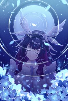 1girl black_hair blue_flower bow bowtie closed_eyes closed_mouth columbina_(genshin_impact) commentary flower genshin_impact hair_ornament highres hitaren_illust long_hair long_sidelocks moon purple_hair reflection reflection_focus ripples sidelocks signature solo very_long_hair water white_bow white_bowtie wing_hair_ornament