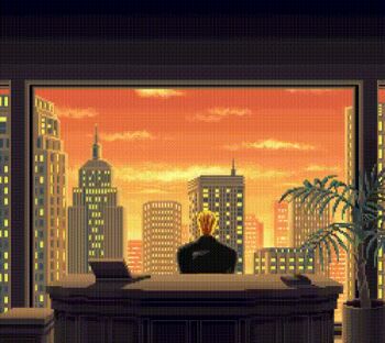 1boy animated animated_gif black_necktie black_pants blonde_hair brown_shoes cityscape crossed_arms fatal_fury fatal_fury_3 feet_on_table formal_clothes game_screenshot geese_howard indoors long_sleeves looking_at_viewer male_focus necktie office orange_sky pants pixel_art shoes sky smile snk solo video_game_screencap watch wristwatch