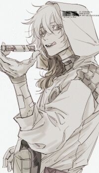 Rule 34 | 1other, :q, bottle, gauze on arm, gloves, greyscale, gyujik qzc, hand up, highres, holding, holding bottle, hood, hood up, looking at viewer, medicine pocket, medium hair, monochrome, parted lips, reverse:1999, solo, tongue, tongue out, upper body