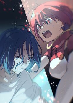 1boy 1girl amate_yuzuriha aqua_eyes blue_hair bodysuit breasts eguchi_(oui_non) gundam gundam_gquuuuuux long_sleeves mecha_pilot_suit multicolored_bodysuit multicolored_hair normal_suit_(gundam) open_mouth piloting purple_hair red_eyes red_hair science_fiction shirt short_hair shuji_ito sweat upper_body