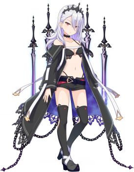 1girl black_boots black_bra black_cape black_panties boots bra breasts cape chain cleavage collarbone eyes_visible_through_hair floating floating_object floating_sword floating_weapon full_body game_cg grey_hair hair_over_one_eye highleg highleg_panties highres long_hair long_sleeves looking_at_viewer navel non-web_source off_shoulder official_art ongeki open_fly panties panty_straps purple_cape red_eyes serious short_shorts shorts simple_background solo stomach sumeragi_setsuna sword thigh_boots transparent_background two-sided_cape two-sided_fabric underwear v-shaped_eyebrows weapon
