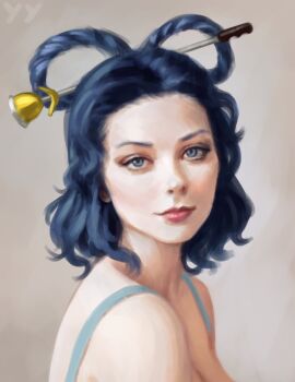 Rule 34 | 1girl, art study, blue dress, blue eyes, blue hair, breasts, commentary, dress, drill hair, drill sidelocks, english commentary, hair ornament, hair rings, hair stick, hat ornament, highres, kaku seiga, looking at viewer, realistic, sidelocks, simple background, smile, solo, star (symbol), star hat ornament, touhou, yyf (seaknight)