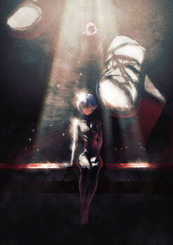 Rule 34 | 1girl, aqua hair, ayanami rei, bodysuit, cchan tuka, closed eyes, commentary request, mecha pilot suit, neon genesis evangelion, plugsuit (evangelion), shadow, short hair, sitting, solo, sunlight