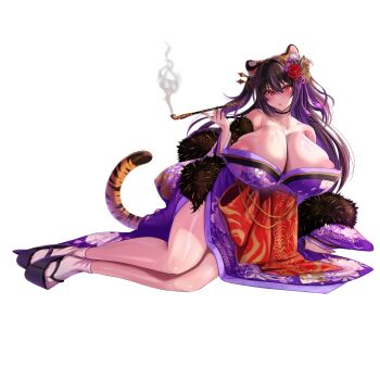 1girl animal_ear_fluff animal_ears black_choker black_fur black_hair blush breasts choker cleavage collarbone floral_print floral_print_kimono flower full_body fur-trimmed_kimono fur_trim gigantic_breasts hair_between_eyes hair_flower hair_ornament hair_stick highres holding holding_smoking_pipe huge_nipples japanese_clothes kaenuco kimono kiseru kunoichi_shiden large_areolae last_origin long_hair looking_at_viewer lying mole mole_on_breast multicolored_hair nail_polish non-web_source official_alternate_costume official_art on_side open_mouth print_kimono purple_hair purple_kimono red_eyes red_flower red_nails simple_background smoke smoking smoking_pipe solo tail tiger_ears tiger_girl tiger_tail transparent_background two-tone_hair two_side_up