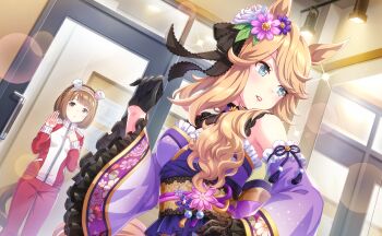 2girls against_glass animal_ears artist_request asymmetrical_legwear back_bow bare_shoulders black_bow black_collar black_gloves blonde_hair blue_eyes blunt_ends bob_cut bow breasts brown_eyes brown_hair bulletin_board camellia collar cowboy_shot detached_collar detached_sleeves door ear_covers ear_ornament ears_down expressionless eyelashes eyeliner feet_out_of_frame floral_print flower frilled_kimono frilled_sleeves frills game_cg gloves gold_city_(autumn_cosmos)_(umamusume) gold_city_(umamusume) hair_bow hair_flower hair_ornament hair_over_shoulder hairband hand_on_glass hand_on_own_chest hand_on_own_hip horse_ears horse_girl horse_tail jacket japanese_clothes kimono lace lace-trimmed_bow lace-trimmed_collar lace_collar lace_gloves lace_hairband lace_trim leaf light_particles lipstick long_hair long_sleeves looking_to_the_side makeup medium_breasts mirror mismatched_legwear multiple_girls neck_flower obi official_alternate_costume official_art pants parted_lips pink_flower pocket print_gloves print_sleeves puffy_long_sleeves puffy_sleeves purple_bow purple_flower purple_kimono purple_ribbon purple_sleeves red_eyeliner red_jacket red_lips red_pants ribbon rose_print sad sash see-through_hairband short_hair sleeve_ribbon sparkle sportswear stage_lights strapless_kimono sweatpants swept_bangs tail tracen_training_uniform track_jacket turtleneck turtleneck_jacket two-tone_ribbon umamusume variant_set waist_ribbon wavy_hair white_flower white_hairband white_jacket wide_sleeves yellow_flower yellow_ribbon yellow_sash yukino_bijin_(umamusume) zipper zipper_pull_tab