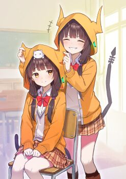 +++ ^_^ absurdres animal animal_ears animal_hood animal_on_head asakura_karen_(heaven_burns_red) black_hair blush bow bowtie brown_eyes brown_hair brown_skirt cat cat_on_head chair chalkboard classroom closed_eyes closed_mouth collared_shirt desk dress_shirt dual_persona fake_animal_ears fake_tail feet_out_of_frame folding_chair grin hair_over_shoulder heaven_burns_red highres hood hood_up hooded_jacket hoodie horns indoors jacket kneehighs long_hair long_sleeves low_twintails miniskirt on_chair on_head open_clothes open_jacket orange_eyes orange_hoodie orange_jacket plaid_clothes plaid_skirt pleated_skirt red_bow red_bowtie rinki_oohen school_chair school_desk school_uniform sharp_teeth shirt sitting skirt smile socks standing tail tearing_up tears teeth twintails v-shaped_eyebrows white_cat white_shirt window yellow_eyes