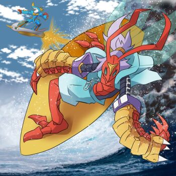 Rule 34 | arthropod boy, banchostingmon, banchou, coat, coat on shoulders, delinquent, digimon, digimon (creature), drill, spikes, surfimon, wings