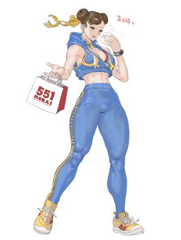 1girl bag bracelet capcom chun-li commentary_request copyright_name daichan_mona double_bun dumpling earrings food hair_bun highres holding holding_bag hood hood_down jewelry ribbon simple_background solo spiked_bracelet spikes street_fighter white_background yellow_ribbon