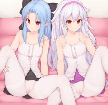 >:) 2girls absurdres bare_shoulders black_bow black_skirt blue_hair blush bow breasts cameltoe camisole closed_mouth clothes_lift couch empty_eyes expressionless feet_out_of_frame granblue_fantasy hair_between_eyes hair_bow hairband half_updo highres huge_filesize indoors knee_up large_bow len_(tsukihime) light_purple_hair long_hair looking_at_viewer medusa_(shingeki_no_bahamut) mogtate multiple_girls on_couch pantyhose parted_bangs pink_hairband pointy_ears purple_skirt red_eyes shingeki_no_bahamut sidelocks sitting skirt skirt_lift sleeveless small_breasts smile spaghetti_strap spread_legs strap_slip sweatdrop thighband_pantyhose tsukihime voice_actor_connection white_camisole white_legwear
