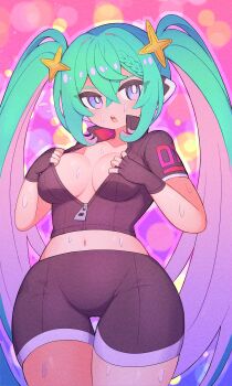 1girl absurdres bike_shorts breasts cleavage green_eyes green_hair hatsune_miku highres large_breasts legs long_hair looking_at_viewer midriff navel open_mouth solo sweat thick_thighs thighs top_pull twintails unzipped vocaloid wide_hips