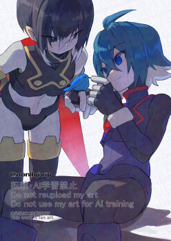 Rule 34 | 2boys, armor, bird, black armor, black eyes, black hair, blue armor, blue eyes, blue hair, commentary request, grey hair, hidden phantom (mega man), male focus, mega man (series), mega man zero (series), multicolored hair, multiple boys, red scarf, scarf, short hair, simple background, sitting, standing, two-tone hair, white background, x (mega man), yamanashi taiki