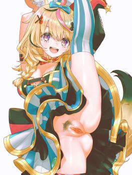 1girl :d absurdres ahoge animal_ear_fluff animal_ears anversailles arm_strap armpits arms_up ass asymmetrical_legwear black_hair blonde_hair blue_bow blue_skirt blue_thighhighs bow bowtie braid breasts cleavage clitoris commentary commission double-parted_bangs facial_mark female_pubic_hair fox_ears fox_girl fox_tail hair_between_eyes hair_bow hair_ornament hair_over_shoulder hairclip hat heart heart-shaped_pupils highres holding_own_leg hololive jester_cap layered_skirt leg_lift long_hair looking_at_viewer mark_under_eye medium_breasts miniskirt mismatched_legwear multicolored_hair no_panties omaru_polka omaru_polka_(1st_costume) open_mouth pink_hair pink_thighhighs pubic_hair purple_eyes pussy red_bow red_bowtie shirt side_braid simple_background single_braid skirt sleeveless sleeveless_shirt smile solo split standing standing_on_one_leg standing_split streaked_hair striped_clothes striped_skirt striped_thighhighs symbol-only_commentary symbol-shaped_pupils tail teeth thighhighs tilted_headwear traditional_bowtie uncensored upper_teeth_only variant_set vertical-striped_clothes vertical-striped_skirt vertical-striped_thighhighs virtual_youtuber white_background x_hair_ornament