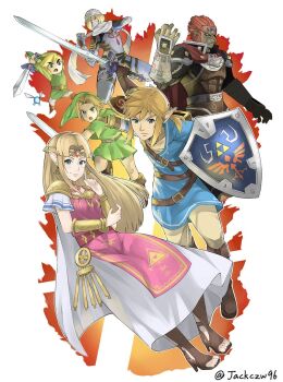 blonde_hair bow_(weapon) dark_skin earrings ganondorf gerudo green_eyes hat highres j@ck jewelry link long_hair looking_at_viewer nintendo pointy_ears ponytail princess_zelda red_hair reverse_trap sheik short_hair smile super_smash_bros. surcoat the_legend_of_zelda the_legend_of_zelda:_a_link_between_worlds the_legend_of_zelda:_breath_of_the_wild the_legend_of_zelda:_ocarina_of_time the_legend_of_zelda:_twilight_princess tiara toon_link triforce turban very_long_hair weapon aged_down