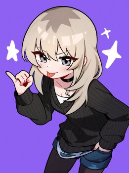 1girl :p black_pantyhose black_sweater blue_shorts blush breasts brown_hair choker closed_mouth cowboy_shot girls_band_cry grey_eyes hand_in_pocket highres jorang_(jorang08) kawaragi_momoka long_hair long_sleeves looking_at_viewer pantyhose pinky_out purple_background shorts sidelocks simple_background small_breasts solo sparkle standing star_(symbol) sweater tongue tongue_out v-neck v-shaped_eyebrows