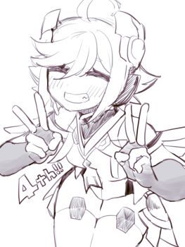 1girl anniversary azure_striker_gunvolt breasts closed_eyes commentary cowboy_shot double_v gunvolt_chronicles_luminous_avenger_ix headgear highres lineart roro_(gunvolt) senzo_tori short_hair simple_background sketch solo symbol-only_commentary v white_background