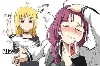2girls alcohol_carton black_choker black_shirt blonde_hair blunt_bangs blush bocchi_the_rock! braid choker drink_carton drinking_straw drinking_straw_in_mouth english_text expressionless hair_over_shoulder hand_in_own_hair hiroi_kikuri ijichi_seika jacket jujutsu_kaisen long_hair looking_at_another multiple_girls nose_blush purple_hair red_eyes scene_reference shirt sidelocks simple_background single_braid sweatdrop torako_(toramaru) white_background