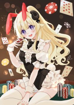 1girl animal_ears blonde_hair card commentary_request highres hololive horns long_hair on_table playing_card poker_chip purple_eyes rabbit_ears rino_cnc sheep_ears sheep_girl sheep_horns solo table thighhighs tsunomaki_watame virtual_youtuber wrist_cuffs