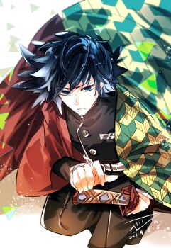 1boy battoujutsu_stance belt black_hair black_jacket black_pants blue_eyes buttons closed_mouth commentary_request demon_slayer_uniform empty_eyes fighting_stance haori high_collar highres holding holding_sword holding_weapon jacket japanese_clothes katana kikkoumon kimetsu_no_yaiba long_hair looking_at_viewer low_ponytail male_focus pants ponytail print_haori rampage4r ready_to_draw red_haori solo spiked_hair sword tomioka_giyuu weapon white_belt