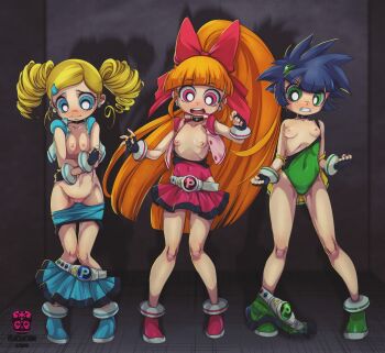 3girls akazutsumi_momoko artist_name belt black_gloves blonde_hair blue_eyes blue_hair blunt_bangs blush boots breasts choker cleft_of_venus clothes_pull covered_navel cropped_jacket dark_blue_hair drill_hair earrings embarrassed female_focus fingerless_gloves full_body gloves goutokuji_miyako green_eyes grin hair_ornament hair_ribbon hairclip high_ponytail highres hyper_blossom jacket jewelry leotard leotard_pull loli long_hair matsubara_kaoru multiple_girls navel nipples open_clothes open_jacket open_mouth orange_hair pearl_earrings pink_eyes ponytail powered_buttercup powerpuff_girls powerpuff_girls_z pussy ribbon rolling_bubbles short_hair skirt skirt_around_one_leg skirt_pull sleeveless sleeveless_jacket small_breasts smile standing surprised tlacuicani twin_drills twintails uncensored