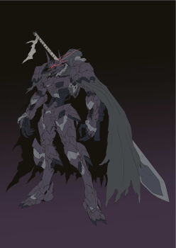 armor berserk berserker_armor cable chinese_commentary glowing glowing_eye grey_cloak gundam gundam_tekketsu_no_orphans guts_(berserk) highres huge_weapon mecha mechanization mobile_suit no_humans open_hands robot science_fiction sfss solo standing sword sword_on_back weapon weapon_on_back